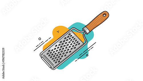 High angle view of a stainless steel handheld cheese grater with a natural wooden handle over abstract blue and yellow shapes.