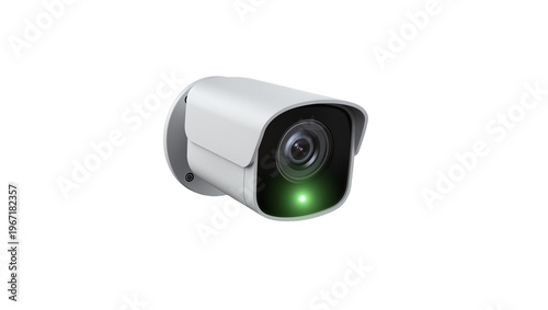 Modern white security camera with green LED light, isolated on transparent background