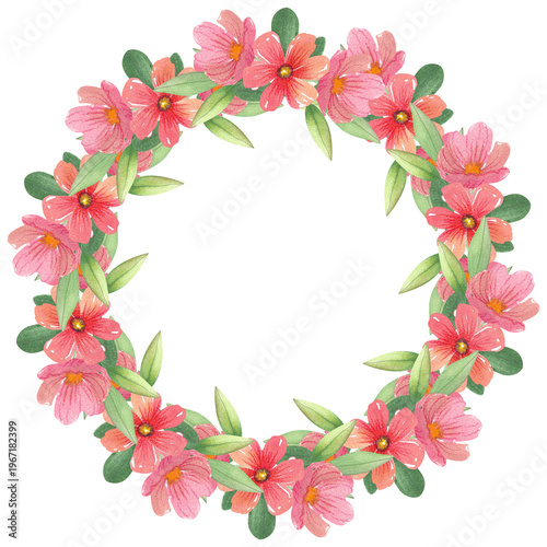 Watercolor frame with red and pink flowers. Hand drawn botanical illustration. Wreath of blooming and greenery is perfect for invitations and weddings.