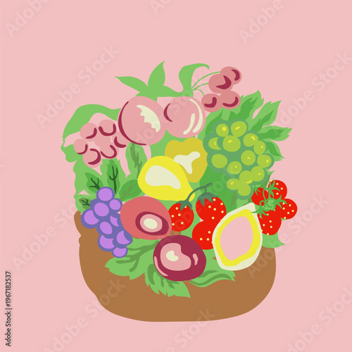 Colorful illustrated poster featuring a variety of fresh fruits in a vibrant and eye-catching composition.