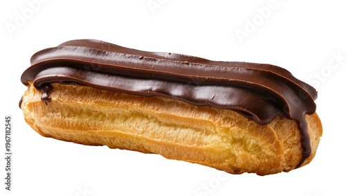 Konstfotografi Golden brown choux pastry eclair with glossy dark chocolate icing, isolated on t