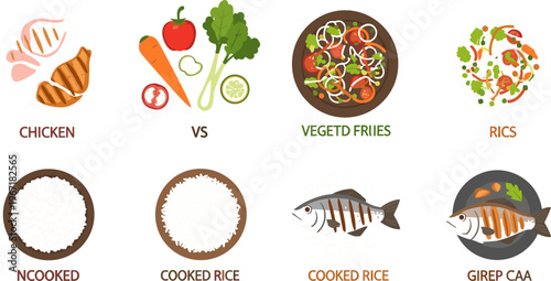 Food Preparation Process Illustration Featuring Raw Ingredients, Vegetables, Rice Cooking Stages and Grilled Fish Step by Step Culinary Vector Set
