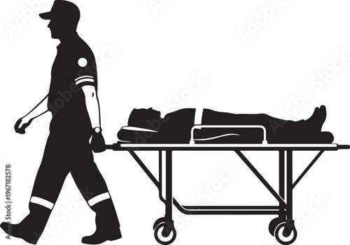 Black silhouette of man pushing stretcher with person