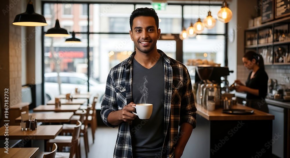 Fototapeta premium Smiling man holding coffee cup in a cafe setting.