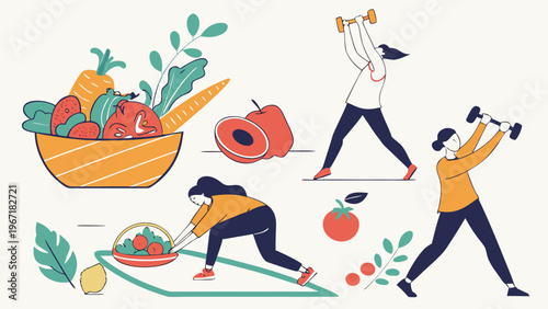 People practicing yoga, fitness, and eating healthy food, modern flat vector illustration.