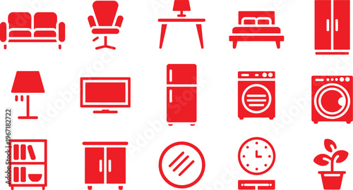 Collection of red flat icons representing various household furniture and appliances