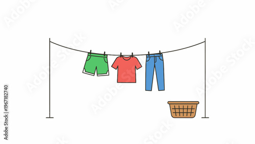 Laundry Clothes Hanging on a Line with Basket Illustration