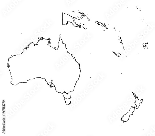 Oceania map vector disjoint exploded puzzle blueprint wireframe outline only un filled standard mercator projection regional geography cartography boundaries modern graphic design isolated template