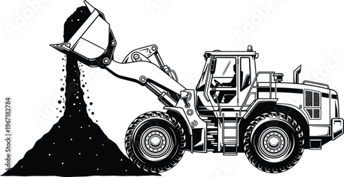 Front‑end loader heavy construction equipment, large bucket pouring soil, hydraulic arms detail, operator cabin, earthmoving machinery, black and white vector illustration