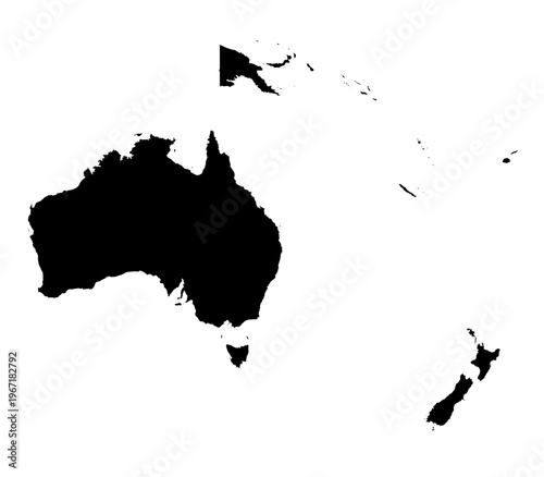 Oceania map vector disjoint exploded puzzle stark void black solid filled standard mercator projection regional geography cartography boundaries modern graphic design isolated template eps A4