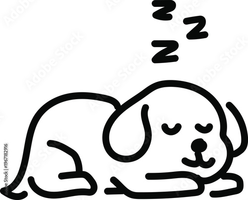 Sleeping dog, cute and peaceful cartoon, black and white outline vector illustration for childrens books and pet care designs.