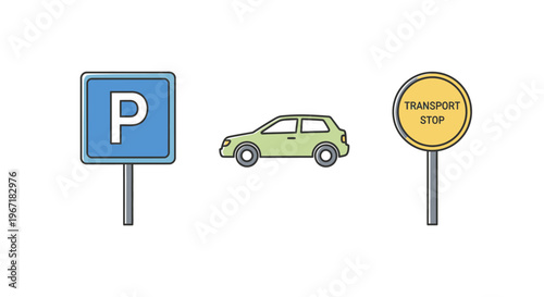 Traffic signs and a small car.