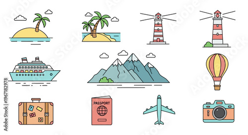 Travel icons and transportation symbols.
