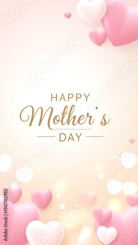 Vertical Mother's Day greeting with pink and white hearts on a soft beige background