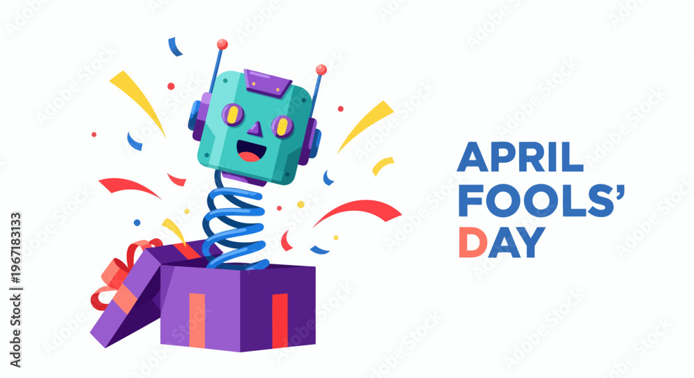 Naklejka premium Happy April Fools' Day celebration with a jack-in-the-box robot bursting out of a gift box with confetti