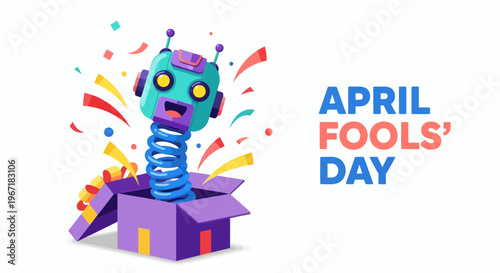 Playful Robot Jack-in-the-Box Popping Out of a Vibrant Gift Box Amidst Flying Confetti, Symbolizing Unexpected Joy and Amusing Tricks