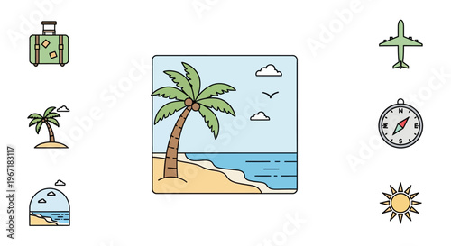 Palm tree on sandy beach shore.