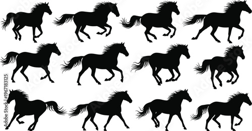 Set of running horse silhouettes in motion, wild mustang galloping poses collection, equestrian animal vector illustration isolated on white background