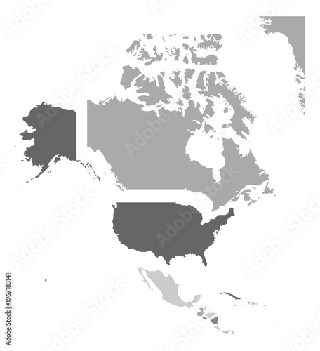 Obraz na plátně North America map vector disjoint exploded puzzle multi grey monochrome shaded s