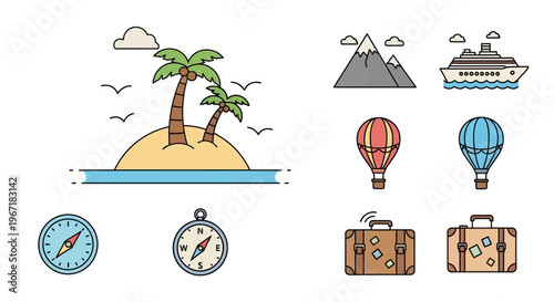 Travel icons with luggage and landmarks.