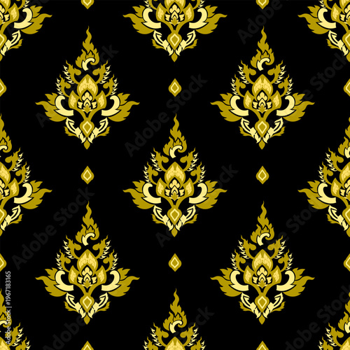 Thai art pattern.
Native Thai ethnic pattern, seamless design, painted with gold, yellow, and red colors on a black background. Suitable for wallpaper, walls, temple wallpaper, carpets, and clothing.