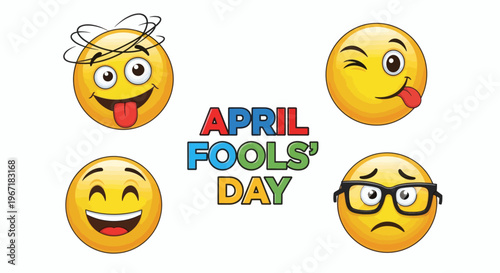 A vibrant collection of funny smiley faces and playful emoticons capturing the spirit of April Fools' Day with humorous expressions and a cheerful message