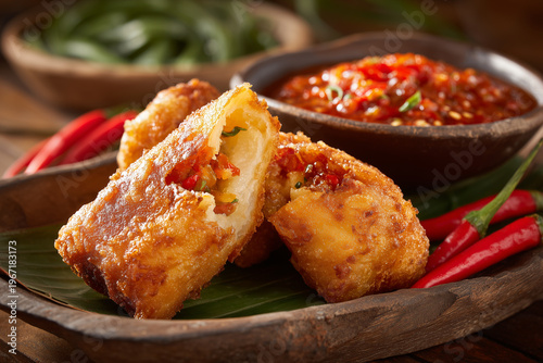 Crispy stuffed tofu is cut open to reveal the vegetable filling, served with fresh chili sauce.