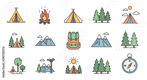 Colorful camping icons and symbols.