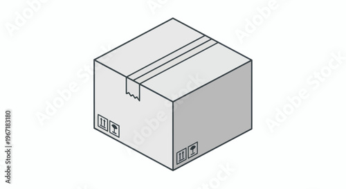 Simple isometric illustration of a cardboard box with fragility symbols on its sides, ready for shipping and delivery