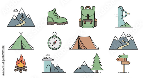 Camping gear and outdoor travel icons.
