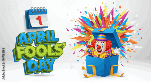 April Fools' Day celebration with a clown popping out of a gift box and a calendar showing April 1st