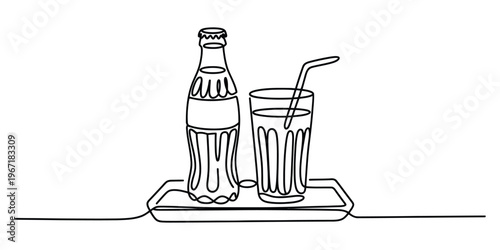 Continuous One Line Drawing of Soda Bottle and Glass on Tray