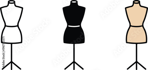 Minimalist vector set of tailor mannequin icons featuring outline silhouette and beige flat color design styles for fashion boutique and sewing projects.