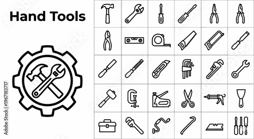 Professional hand tools icon set featuring hammer, wrench, screwdriver, pliers, saw, and measuring equipment in linear outline style for construction, repair, and DIY projects.