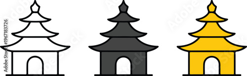 Minimalist collection of traditional Asian shrine icons featuring outline silhouette and yellow flat design styles for cultural travel and heritage projects.
