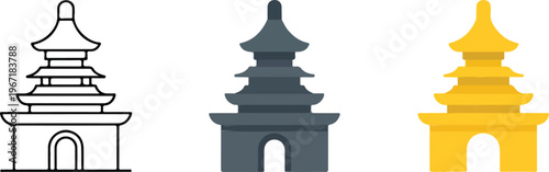 Minimalist collection of traditional Asian shrine icons featuring outline silhouette and yellow flat design styles for cultural travel and heritage projects.