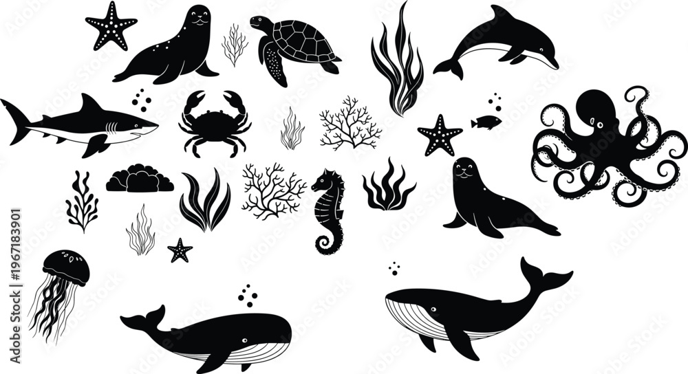 Fototapeta premium Silhouette collection of ocean animals including whales, dolphins, shark, turtle, octopus, crab, jellyfish, seahorse, starfish, coral, seaweed, seal