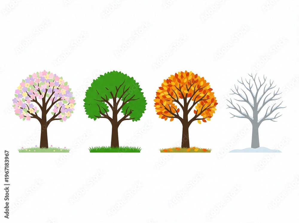 Fototapeta premium Realistic Seasonal Trees Set – Spring Summer Autumn Winter