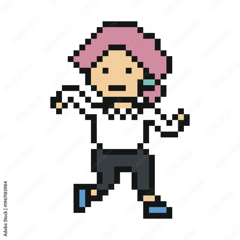 Fototapeta premium Cartoon cute woman run running marathon jogging race with workout,8 bit,pixel art,gym,exercise.