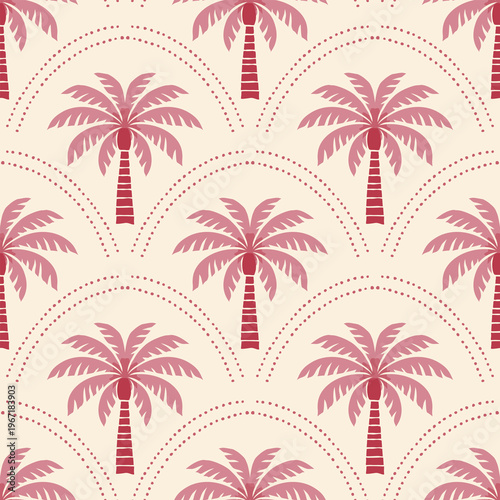 Seamless palm tree pattern tropical pink coconut trees repeating summer beach style background for textile wallpaper wrapping paper fabric design.