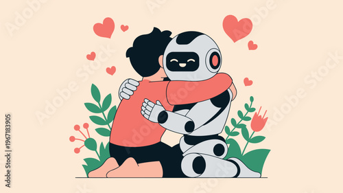 Human and Robot Embrace With Hearts and Plants Friendship Concept Flat Design Style
