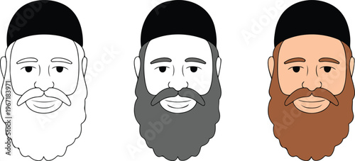Minimalist vector set of bearded man avatars wearing traditional black caps featuring line art silhouette and flat color design styles for character profile icons.