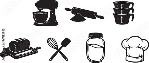 Kitchen baking tools and ingredients icons
