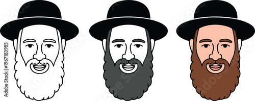 Minimalist vector set of bearded man avatars wearing traditional black caps featuring line art silhouette and flat color design styles for character profile icons.