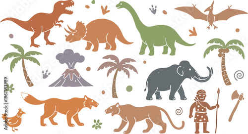 prehistoric animals and cave man with volcano and palm trees