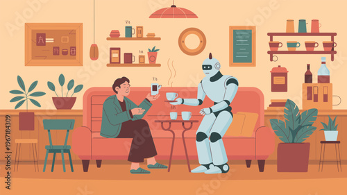Man and Robot Serve Coffee in Cafe Setting Flat Design Illustration