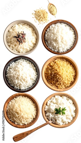 Vertical of bowls of rice variations, some topped with spices and garnish, white background
