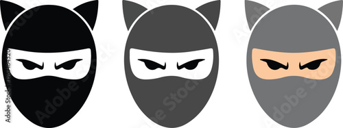 Minimalist vector set of ninja cat mask icons featuring black silhouette and grey flat color design styles for gaming and creative character projects.