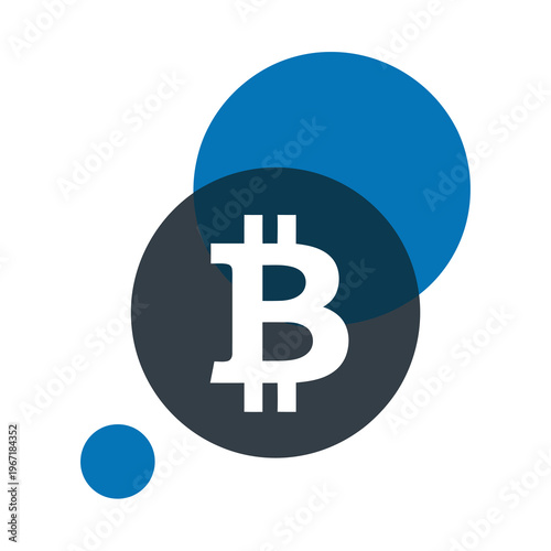 Vector graphic of a bitcoin symbol surrounded by overlapping blue and gray vector circles