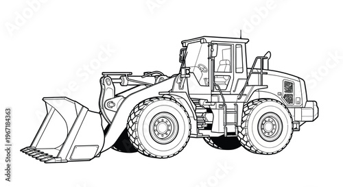 Detailed outline of a front loader construction vehicle black and white silhouette